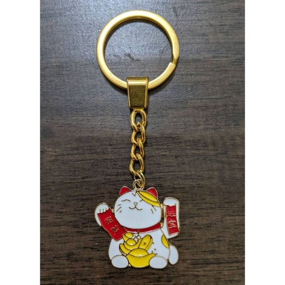 2 x Lucky cat maneki neko gold tone keychain keyring key chain ring gift luck - Picture 2 of 3